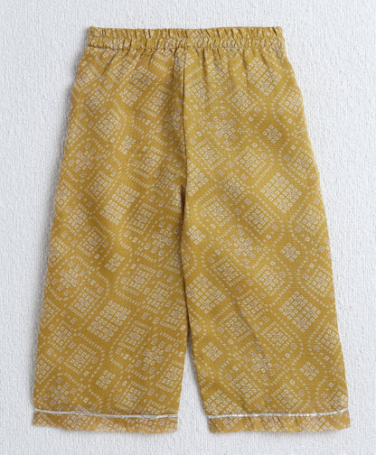The Magic Wand Woven Sleeveless Bandhani Printed Trendy Long Yoke Top & Bottom Set - Yellow