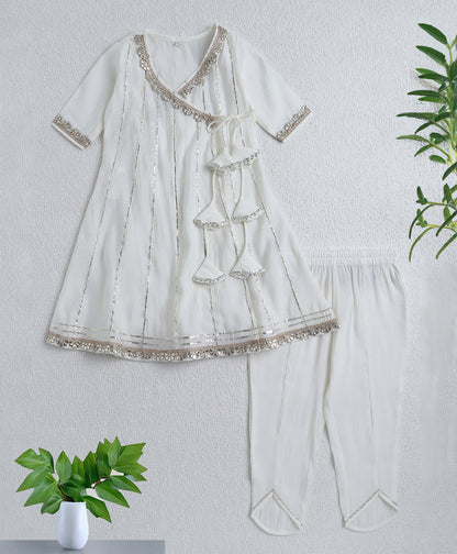 The Magic Wand Woven Half Sleeves Gota Lace Embellished Angrakha Kurta with Bottom Set- Off White