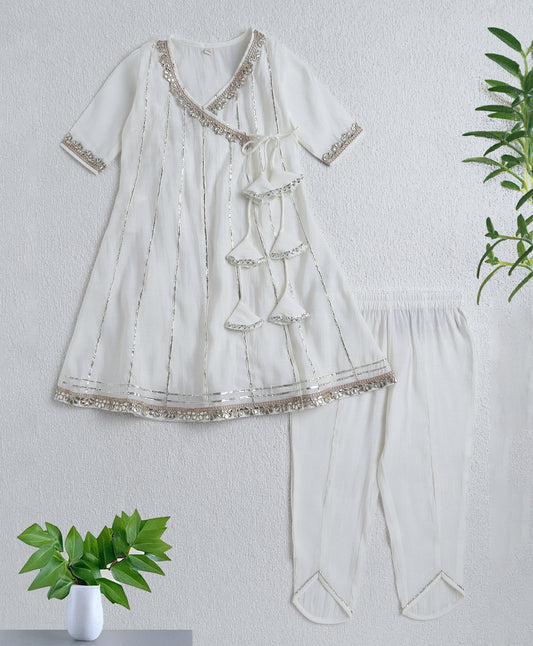 The Magic Wand Woven Half Sleeves Gota Lace Embellished Angrakha Kurta with Bottom Set- Off White
