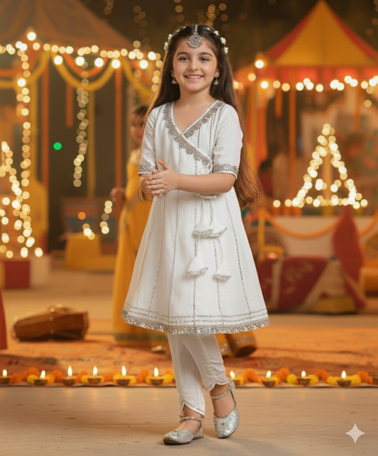 The Magic Wand Woven Half Sleeves Gota Lace Embellished Angrakha Kurta with Bottom Set- Off White