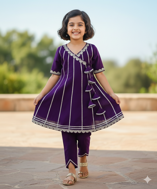 Half Sleeves Gota Lace Embellished Angrakha Kurta with Bottom Set- Purple