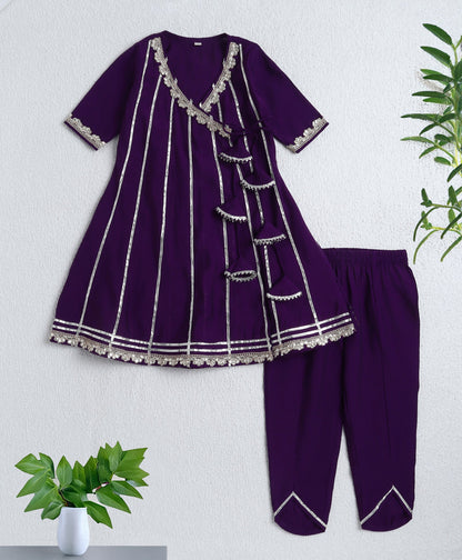 The Magic Wand Woven Half Sleeves Gota Lace Embellished Angrakha Kurta with Bottom Set- Purple