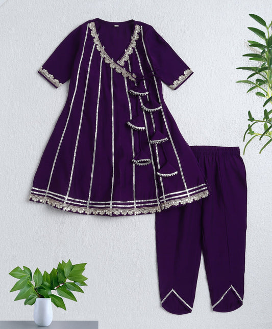 The Magic Wand Woven Half Sleeves Gota Lace Embellished Angrakha Kurta with Bottom Set- Purple
