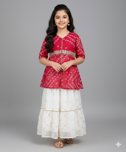 Elbow Sleeves Bandhani Printed Top with Foil Lehenga Set- Fuchsia