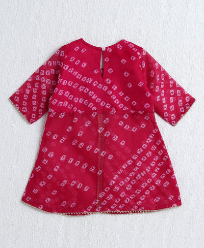 The Magic Wand Woven Elbow Sleeves Bandhani Printed Top with Foil Lehenga Set- Fuchsia