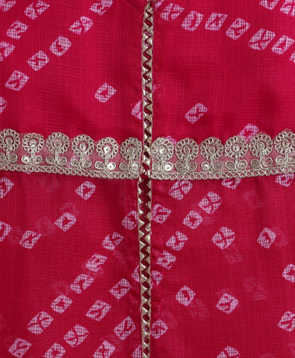 The Magic Wand Woven Elbow Sleeves Bandhani Printed Top with Foil Lehenga Set- Fuchsia
