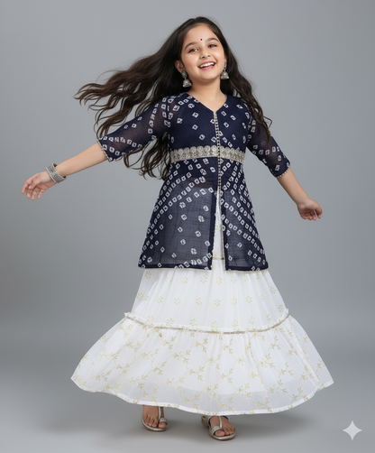 Elbow Sleeves Bandhani Printed Top with Foil Lehenga Set- Navy Blue