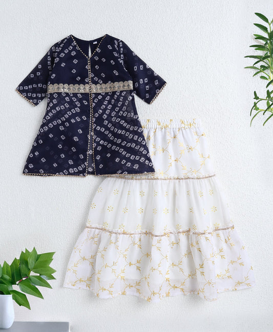 The Magic Wand Woven Elbow Sleeves Bandhani Printed Top with Foil Lehenga Set- Navy Blue