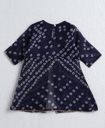 The Magic Wand Woven Elbow Sleeves Bandhani Printed Top with Foil Lehenga Set- Navy Blue