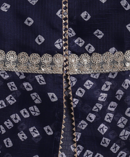 The Magic Wand Woven Elbow Sleeves Bandhani Printed Top with Foil Lehenga Set- Navy Blue