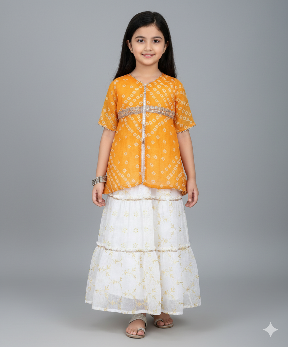 Elbow Sleeves Bandhani Printed Top with Foil Lehenga Set- Yellow