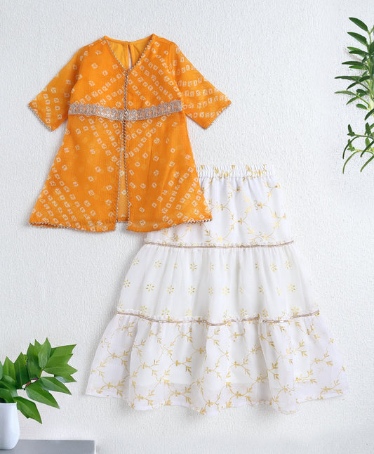 The Magic Wand Woven Elbow Sleeves Bandhani Printed Top with Foil Lehenga Set- Yellow