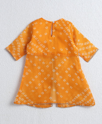 The Magic Wand Woven Elbow Sleeves Bandhani Printed Top with Foil Lehenga Set- Yellow