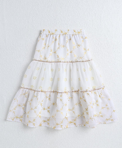 The Magic Wand Woven Elbow Sleeves Bandhani Printed Top with Foil Lehenga Set- Yellow