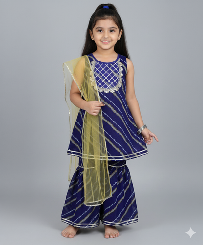 Sleeveless Leheriya Printed Kurta and Sharara Set with Dupatta- Royal Blue
