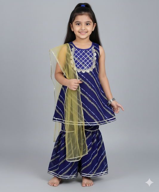 Sleeveless Leheriya Printed Kurta and Sharara Set with Dupatta- Royal Blue