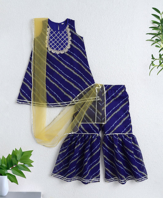 The Magic Wand Woven Sleeveless Leheriya Printed Kurta and Sharara Set with Dupatta- Royal Blue