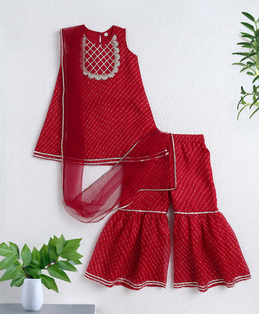 The Magic Wand Woven Sleeveless Leheriya Printed Kurta and Sharara Set with Dupatta- Red