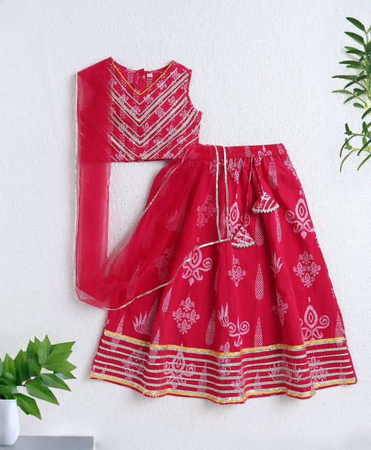 The Magic Wand Cambric Floral Printed Lehenga and Slveeless Choli Set with Dupatta- Fuchsia
