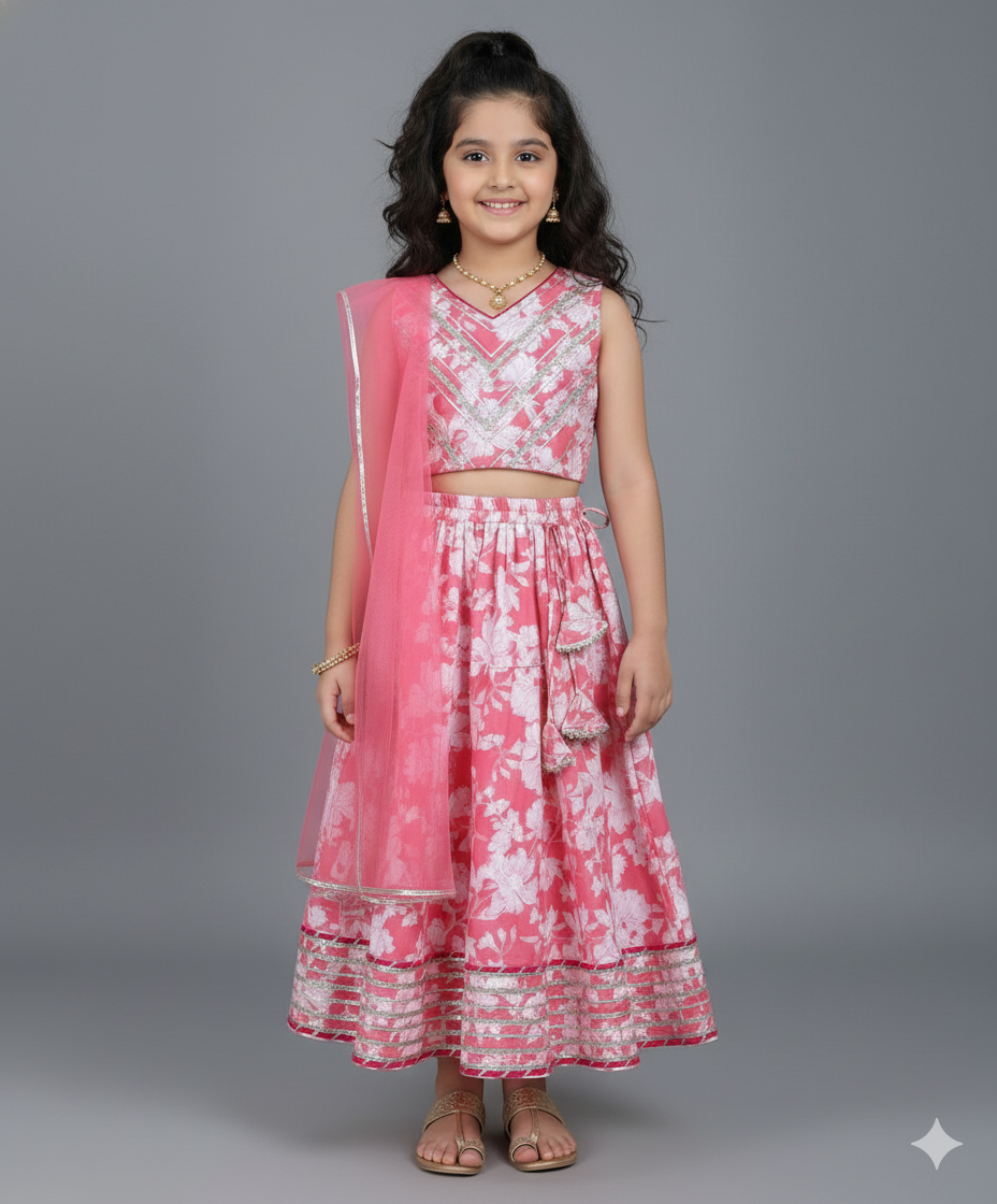 Floral Printed Lehenga and Slveeless Choli Set with Dupatta- Peach