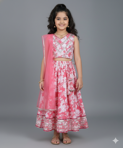 Floral Printed Lehenga and Slveeless Choli Set with Dupatta- Peach