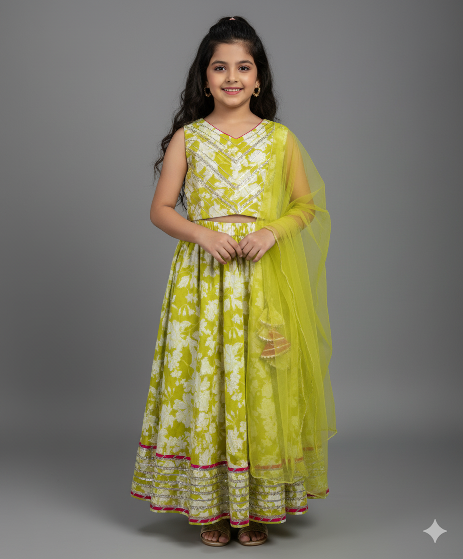 The Magic Wand Cambric Floral Printed Lehenga and Slveeless Choli Set with Dupatta- Green