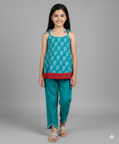 Cotton Shoulder Tie Ups Floral Printed Tent Top and Bottom Set - Teal Blue