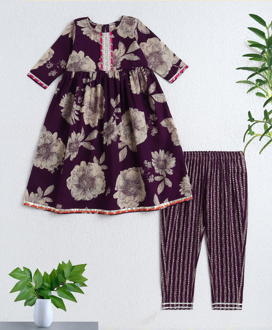 The Magic Wand Cotton Woven Elbow Sleeves Floral Printed Gota Lace Detailed Anarkali Style Kurti & Pant Set - Purple