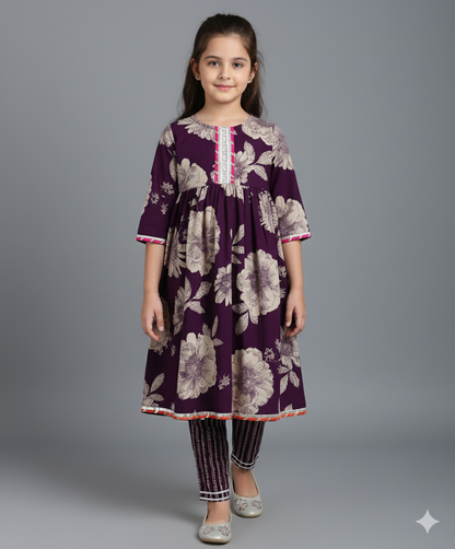 Cotton Elbow Sleeves Floral Printed Gota Lace Detailed Anarkali Style Kurti & Pant Set - Purple