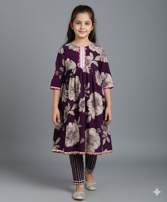 Cotton Elbow Sleeves Floral Printed Gota Lace Detailed Anarkali Style Kurti & Pant Set - Purple