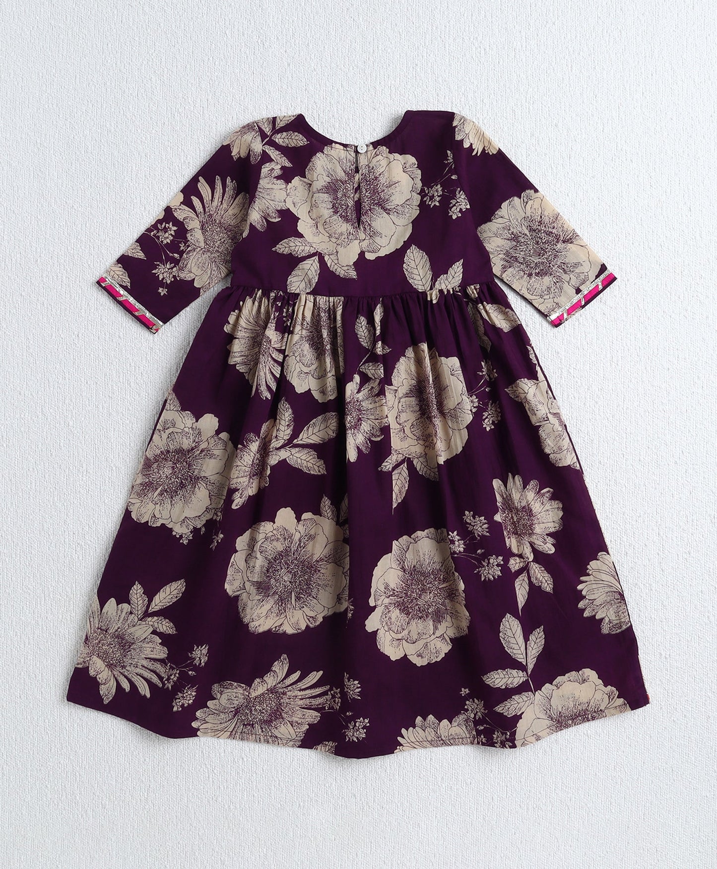 The Magic Wand Cotton Woven Elbow Sleeves Floral Printed Gota Lace Detailed Anarkali Style Kurti & Pant Set - Purple