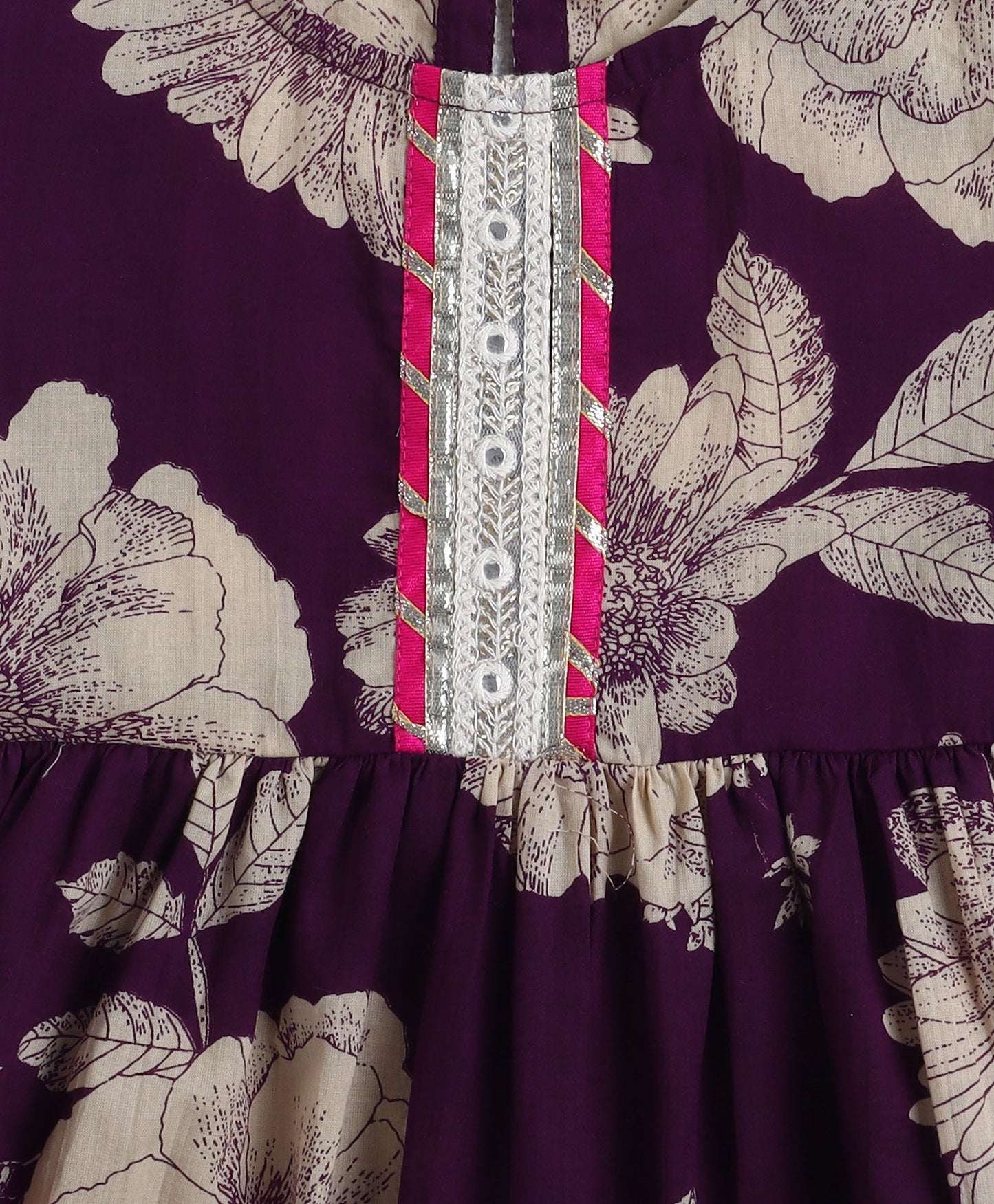 The Magic Wand Cotton Woven Elbow Sleeves Floral Printed Gota Lace Detailed Anarkali Style Kurti & Pant Set - Purple