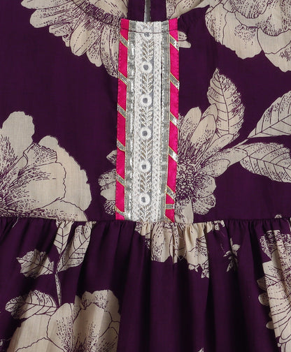 The Magic Wand Cotton Woven Elbow Sleeves Floral Printed Gota Lace Detailed Anarkali Style Kurti & Pant Set - Purple