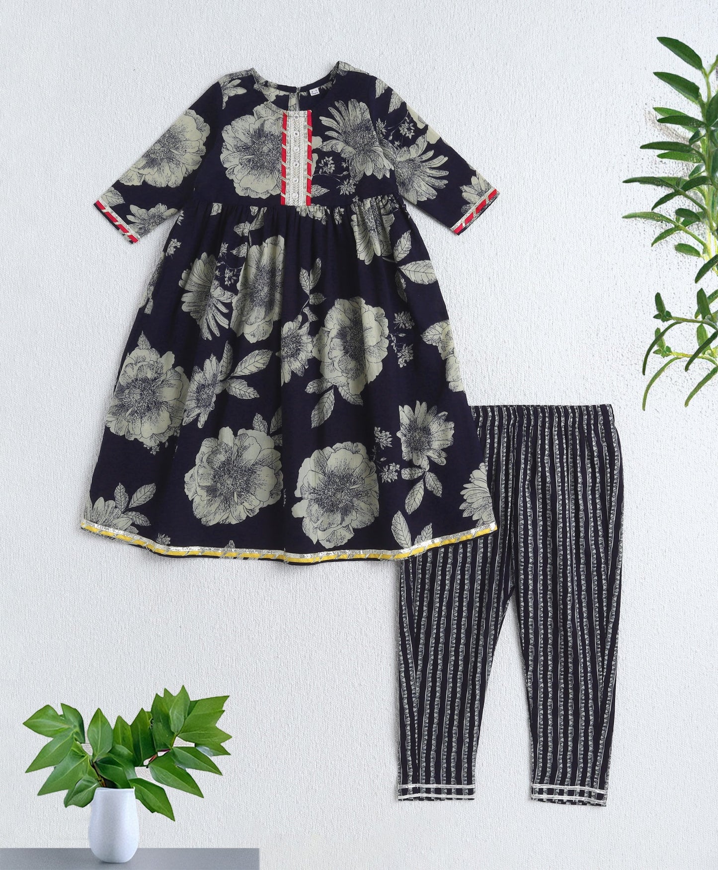 The Magic Wand Cotton Woven Elbow Sleeves Floral Printed Gota Lace Detailed Anarkali Style Kurti & Pant Set - Navy Blue