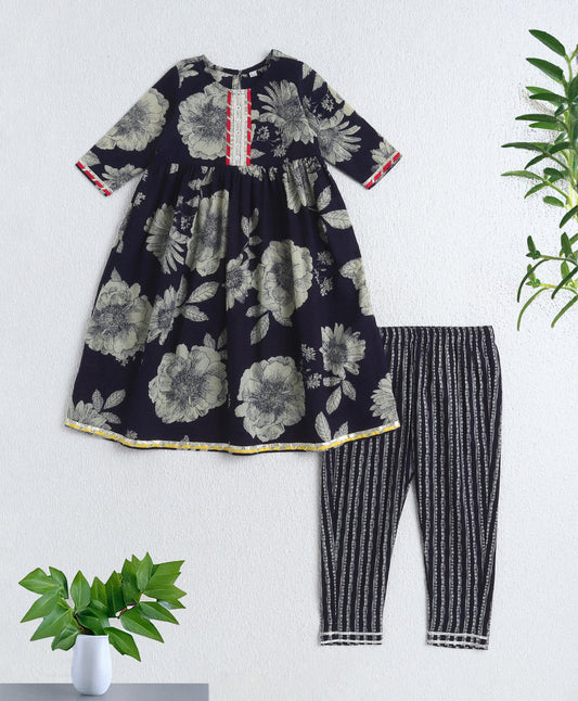 The Magic Wand Cotton Woven Elbow Sleeves Floral Printed Gota Lace Detailed Anarkali Style Kurti & Pant Set - Navy Blue