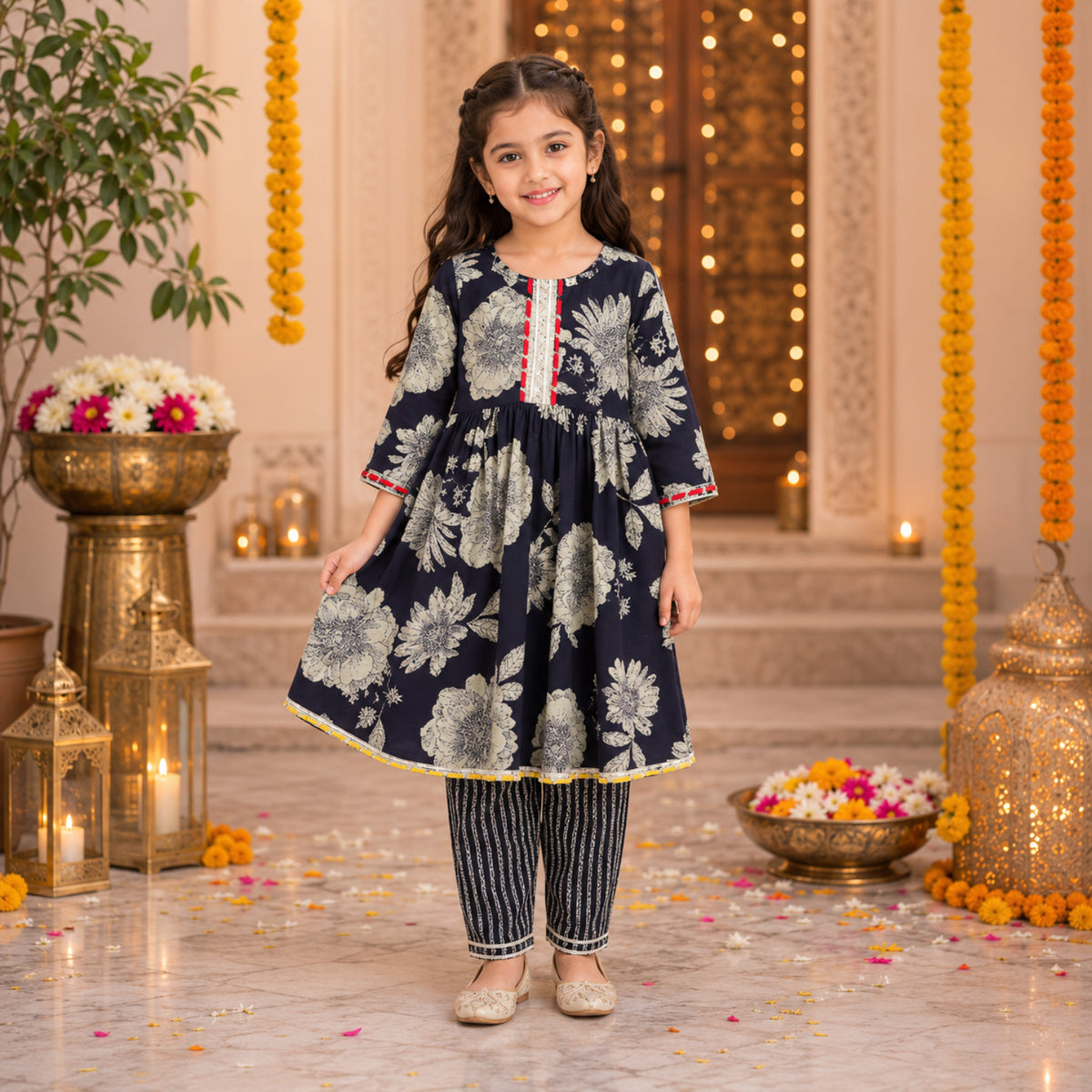  Cotton Elbow Sleeves Floral Printed Gota Lace Detailed Anarkali Style Kurti & Pant Set - Navy Blue