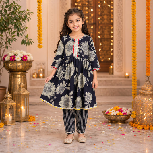  Cotton Elbow Sleeves Floral Printed Gota Lace Detailed Anarkali Style Kurti & Pant Set - Navy Blue