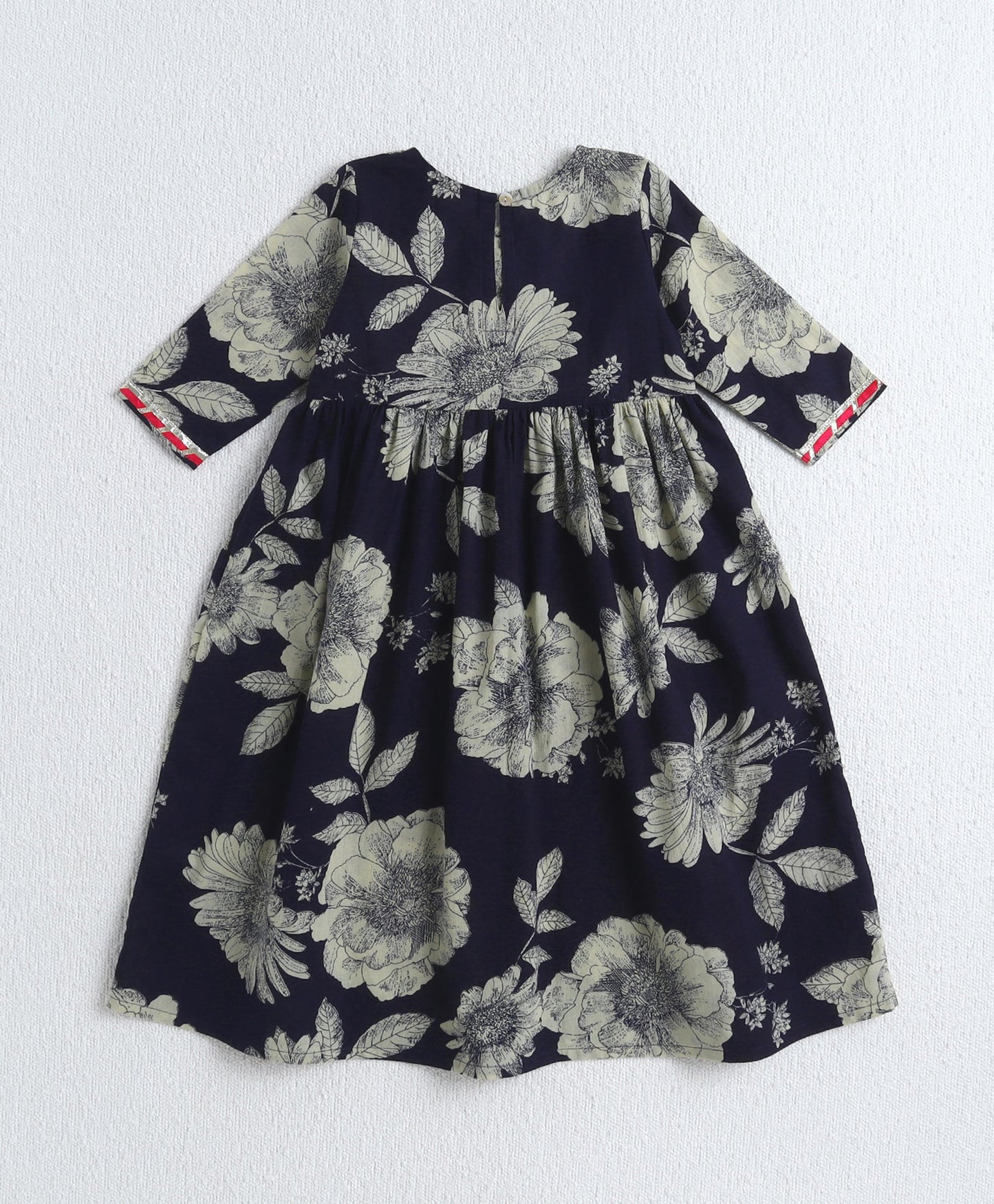 The Magic Wand Cotton Woven Elbow Sleeves Floral Printed Gota Lace Detailed Anarkali Style Kurti & Pant Set - Navy Blue