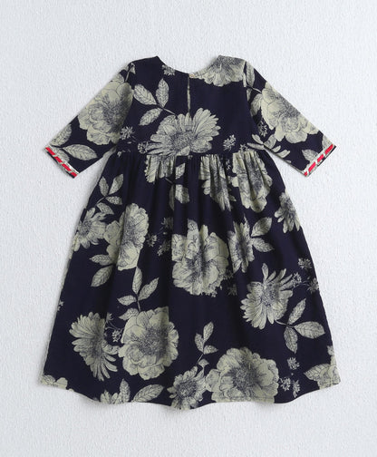 The Magic Wand Cotton Woven Elbow Sleeves Floral Printed Gota Lace Detailed Anarkali Style Kurti & Pant Set - Navy Blue