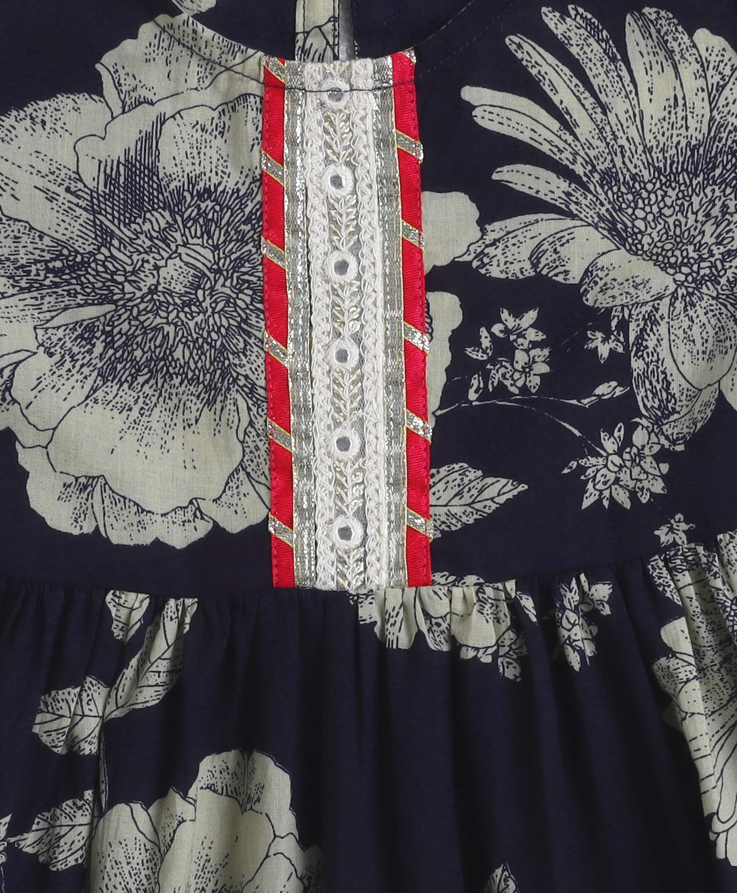 The Magic Wand Cotton Woven Elbow Sleeves Floral Printed Gota Lace Detailed Anarkali Style Kurti & Pant Set - Navy Blue