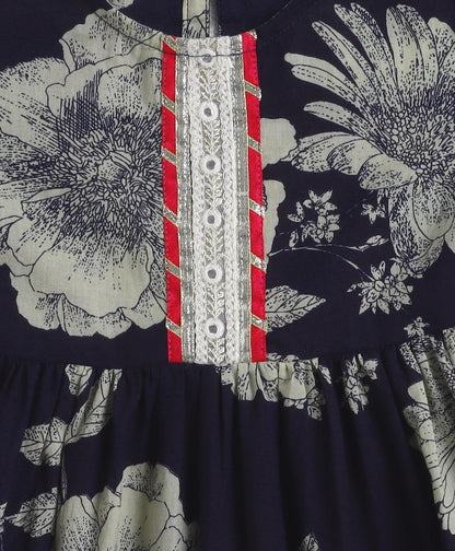 The Magic Wand Cotton Woven Elbow Sleeves Floral Printed Gota Lace Detailed Anarkali Style Kurti & Pant Set - Navy Blue