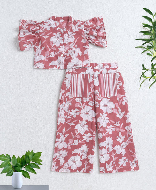The Magic Wand Cotton Woven Ruffle Sleeves Floral Printed Top and Pant with Patch Pocket Set- Pink