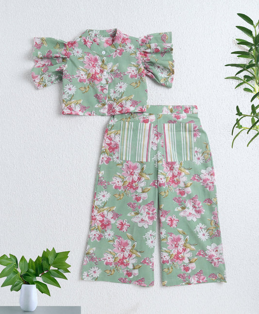 The Magic Wand Cotton Woven Ruffle Sleeves Floral Printed Top and Pant with Patch Pocket Set- Mint
