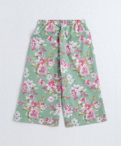 The Magic Wand Cotton Woven Ruffle Sleeves Floral Printed Top and Pant with Patch Pocket Set- Mint