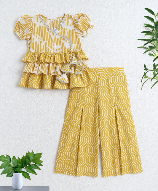The Magic Wand Cotton Woven Puff Sleeves Floral Printed Top & Bottom Set - Mustard