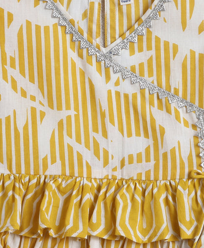 The Magic Wand Cotton Woven Puff Sleeves Floral Printed Top & Bottom Set - Mustard