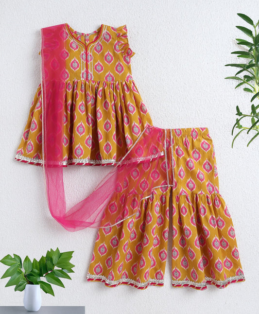 The Magic Wand Cotton Woven Frill Slevees Kurti with Flared Sharara Set- Orange