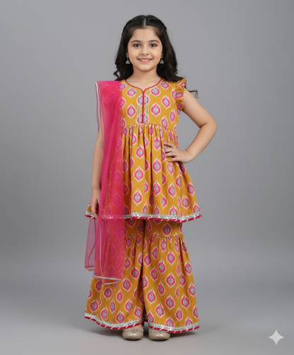 Cotton Woven Frill Slevees Kurti with Flared Sharara Set- Orange