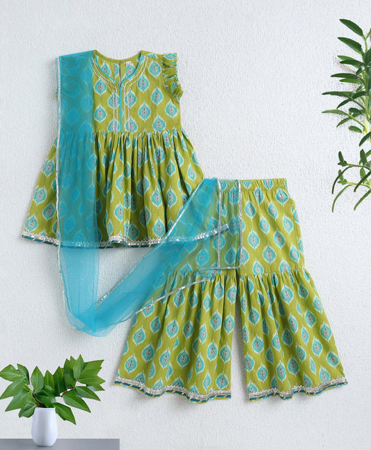 The Magic Wand Cotton Woven Frill Slevees Kurti with Flared Sharara Set- Green