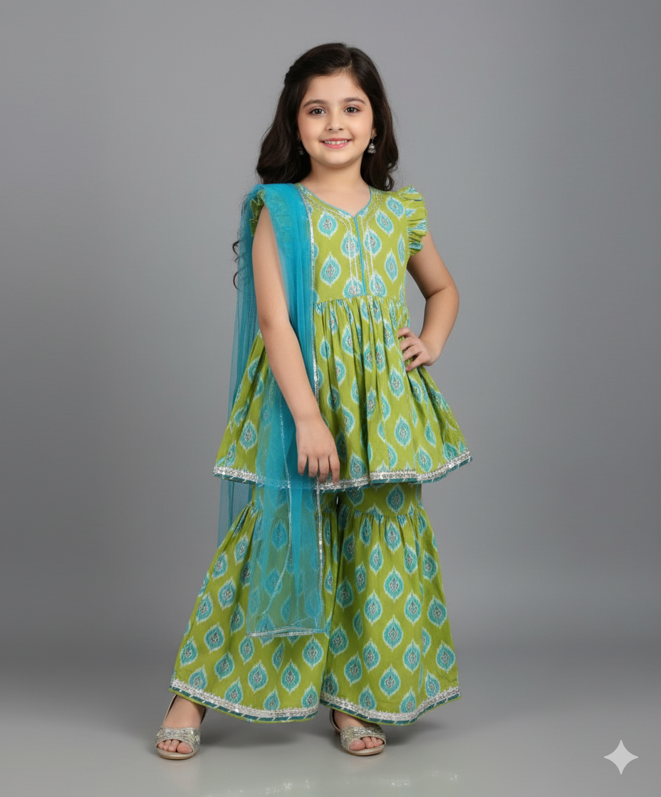 Cotton Woven Frill Slevees Kurti with Flared Sharara Set- Green